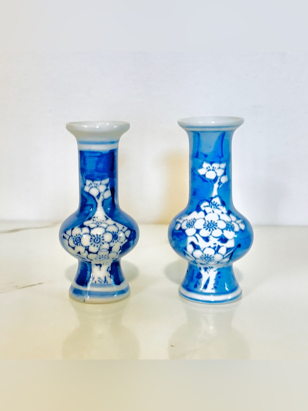 Vintage Chinese Blue & White Porcelain Miniature Bud Vases Cherry Blossom